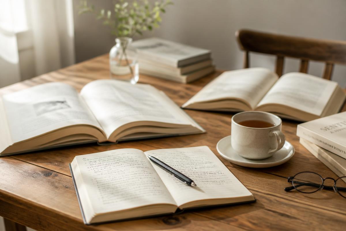 A peaceful study space with books and tea representing learning